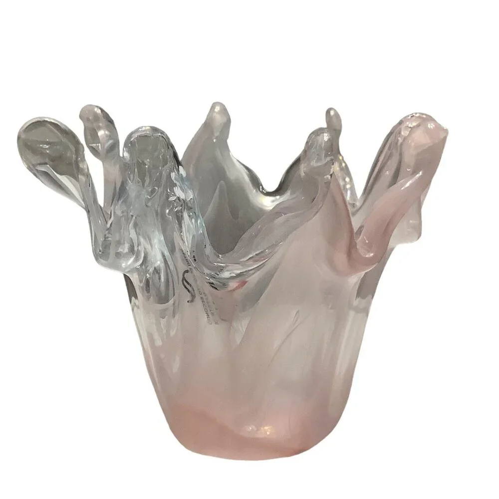 Murano Venetian Glass Splash Vase Crown Flower Top Frosted Pink Swirl Hand Blown